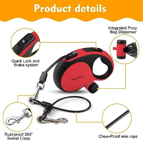 26 Ft Retractable Dog Leash with Chew Proof Cable - Red - Image 3