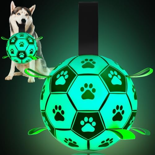 Glow in The Dark Dog Toys, 8'' Dog Soccer Ball with Straps Upgraded Interactive Light Up Dog Toys, World Cup Dogs Football, Outdoor Tug Toys for Medium & Large Dogs Birthday Gifts(8 Inch-Large) by Amasiver