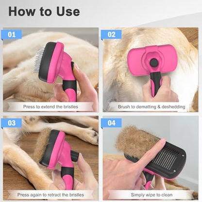 Dipoo Self-Cleaning Pet Grooming Brush - Skin-Friendly Deshedding Tool for Dogs & Cats in Pink, Removes Loose Hair and Tangles - Image 7