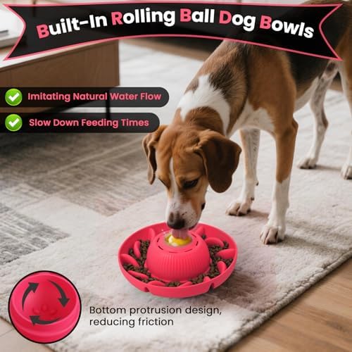 PUPPYGANG 2-in-1 Slow Feeder Dog Bowl & Dog Lick Bowl for Medium Large Dogs, Silicone Puzzle Feeder with Removable Lick Ball, Suction Base Bowl for Kibble, Wet Food, Yogurt & Peanut Butter (Red) - Image 3