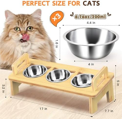 Bamboo Elevated Cat Bowls, 3 Stainless Steel Raised Cat Bowl with Stand, 15°Tilted Cat Feeding Station, Cat Food and Water Bowl Set for Small Cats, Anti Vomitting, Whisker Fatigue (Natural) - Image 2