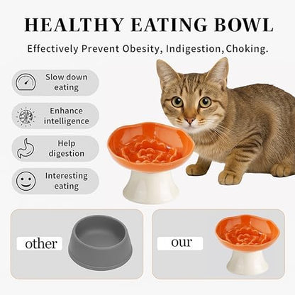 Ceramic Slow Feeder Bowl for Cats and Small Dogs, Elevated Tilted Pet Food Dish, Whisker Friendly Anti-Vomit Design, Heavy Stable Base, Dishwasher Safe， 5 Colors Options (Tangerine Orange) - Image 4