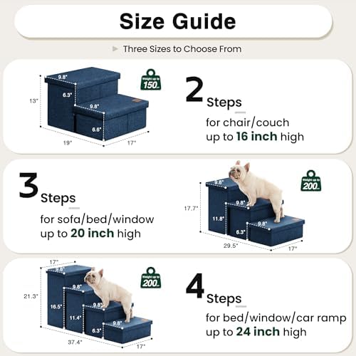 Love's cabin Dog Stairs for High Bed, Foldable Pet Stairs for Small Medium or Large Dogs Puppy with Storage for Bed or Couch, Cat Dog Steps Ramp with Zip up to 200 lbs, Navy Blue, 2 Steps - Image 2