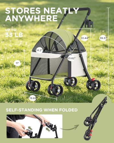 GTPLAYER Foldable Pet Stroller for Small Dogs & Cats up to 33 lbs, Pet Stroller with 360° Swivel Lockable Front Wheels, Rear Brakes, Safety Tethers, Breathable Mesh, Cup Holder, Lime Green - Image 2