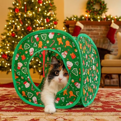 Christmas Cat Tunnel Cube Playhouse – Foldable Holiday Cat Cube with Peek Hole and Tunnel Fun for Indoor Cats - Image 4