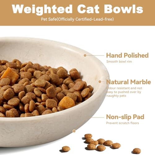Karibiber Natural Marble Cat Bowl, Weighted 1.5lb Cat Food Bowl for Cat and Small Dog, Small Animal Pet Food Dish Non-Slip, Shallow Dish for Whisker Fatigue Relief, Premium Beige Stone for Home Decor - Image 2