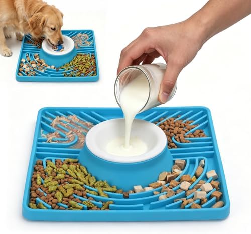 Slow Feeder Dog Bowls & Lick Mat for Liquid and Thick Treat, Upgraded Anti-Slip Dog Lick Bowl with Interactive Rolling Ball, 6/7 Cup Yogurt Pup Licking Toy for Large Medium Small Dogs and Cats, Blue by ELEGX