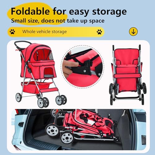 FDW | 4-Wheel Foldable Pet Stroller | Red | Lightweight & Portable - Image 5