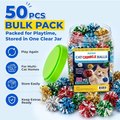 HA SHI Cat Crinkle Balls 50 Pack, 1.6 Inch Shiny Mylar Toy Balls for Cats - Image 2