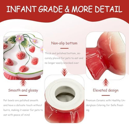 Ceramic Strawberry Raised Cat Bowl – Elevated Cat Food Bowl for Anti Vomit, Spine Protection & Whisker Friendly, Cute Tilted Bowl for Indoor Cats, Flat-Faced Cats (Red) - Image 3