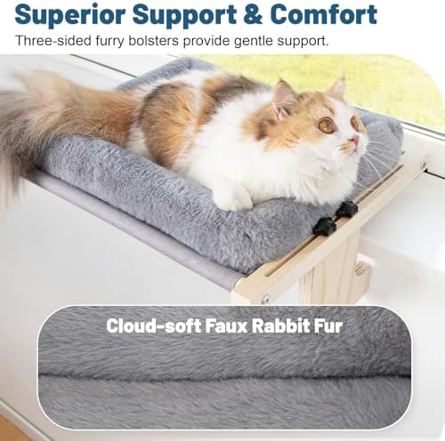 Cat Sill Window Perch - 100% Natural Pine Frame, Soft Plush Fleece, Tool-Free Adjustment, Supports 40 lbs (Medium-Grey) - Image 2
