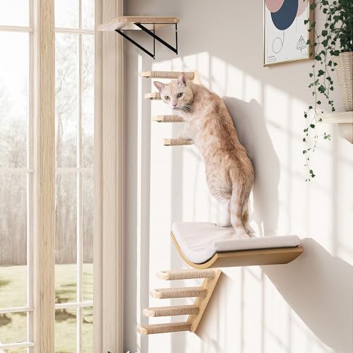 Cat Wall Stairs and Wall Shelves, 4 Piece Wood Cats Furniture Set, Padded Curved Bed with Foam, Flat Shelf & Climbing 4 Steps Stairs for Large Indoor Cats - Image 2