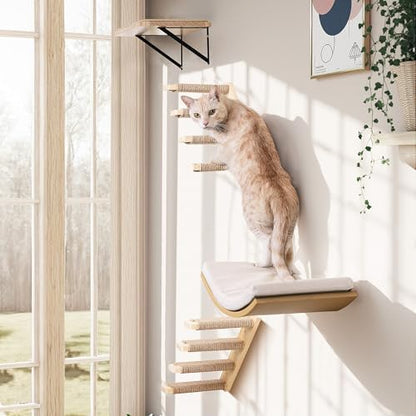 Cat Wall Stairs and Wall Shelves, 4 Piece Wood Cats Furniture Set, Padded Curved Bed with Foam, Flat Shelf & Climbing 4 Steps Stairs for Large Indoor Cats - Image 2