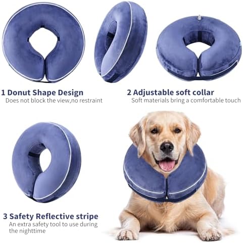 Inflatable Reflective Dog Cone Collar Alternative After Surgery,Doggie Recovery Dount Neck Ecollar,Adjustable Soft Dog Cone Collar for Small Medium Large Dogs (Blue, S) - Image 2
