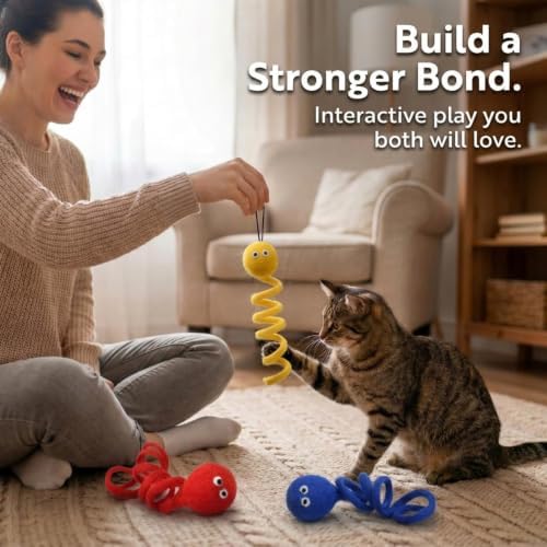 Glaciart One Felt Spring Cat Toy – 3 Pcs Soft Fuzzy Enrichment 100% Natural Wool - Interactive Stretchable Play Set - Safe for Pets, Non-AZO Colored Dyes - 4” Long - Image 6