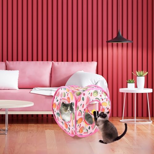Andiker Small Cat Tents for Indoor Cats, Summer Fruit Patten 15" Foldable Cat Tube with 1 Plush Ball and 3 Holes Kitten Hide-and-Seek Toy to Relieve Boredom Also for Kitten Rabbits (Pink) - Image 6
