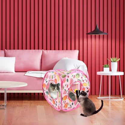 Andiker Small Cat Tents for Indoor Cats, Summer Fruit Patten 15" Foldable Cat Tube with 1 Plush Ball and 3 Holes Kitten Hide-and-Seek Toy to Relieve Boredom Also for Kitten Rabbits (Pink) - Image 6
