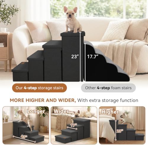Zerbuger Dog Stairs with Storage, Dark Grey 4 Steps Dog Ramp no Condo - Image 3