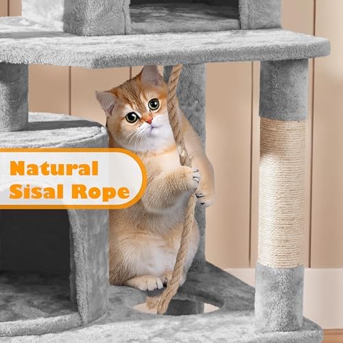 Yaheetech Cat Tree Tower, 70.5in Multi Level Cat Tree Kitten Condo with 2 Condos & 2 Plush Perches & Scratching Post & Dangling Ball, Cat Tower Furniture for Play & Rest Light Gray - Image 5