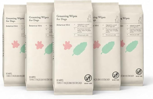 Kindfull Dog Grooming Wipes – 5 Pack (300 Total), Botanical Mint Scent – Gentle, pH-Balanced Pet Wipes for Paws & Fur – Plant-Based, Alcohol-Free – 7.9" x 7.7" Each