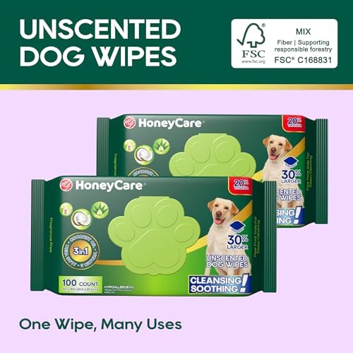 HONEY CARE Disposable Pet Wipes for Dogs & Cats, Fragrance-Free, 100 Count, Cleansing & Soothing for Paws, Butt & Body - Image 2