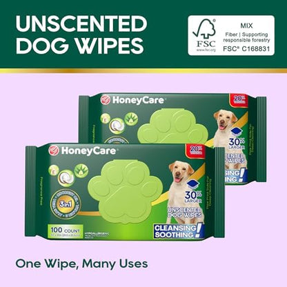 HONEY CARE Disposable Pet Wipes for Dogs & Cats, Fragrance-Free, 400 Count (4 Packs of 100 Wipes), Cleansing & Soothing for Paws, Butt & Body - Image 2