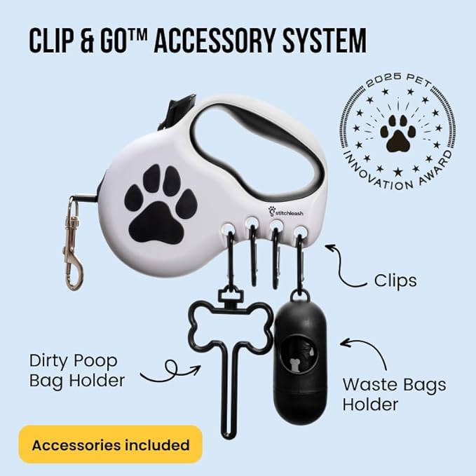 Award-Winning Retractable Dog Leash for Small and Medium Dogs (Max 55 lbs), Clip & Go System with Reflective Tape and Ergonomic Handle, Includes Clips, Poop Bag Holder and Dispenser, White