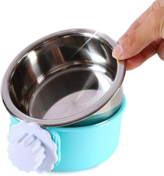 Crate Dog Bowl, Removable Stainless Steel Water Food Feeder Bowls Hanging Pet Cage Bowl Cage Coop Cup for Dogs Cats Puppy Rabbits Bird and Small Pets (Large (Pack of 2), Round (Blue+Green))