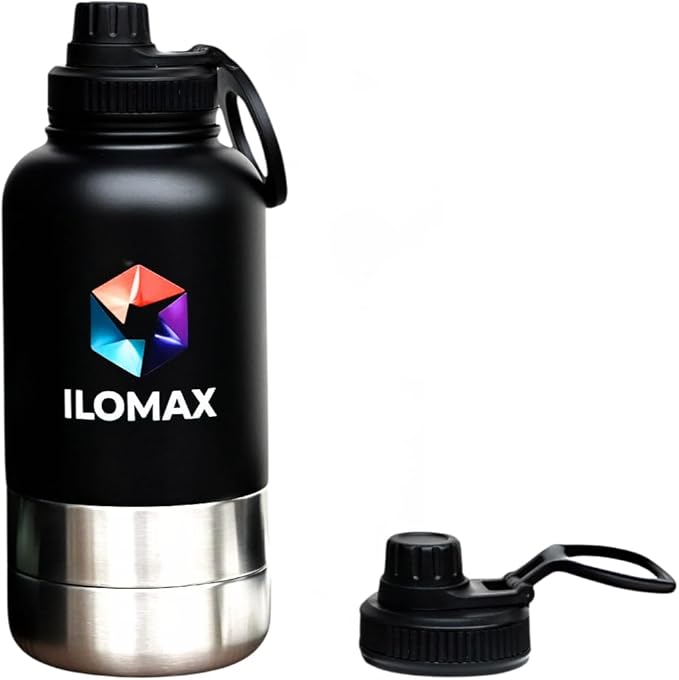 ILOMAX 3-in-1 Insulated Dog Travel Water Bottle, Stainless Steel, with Food & Water Bowls + Extra Magnetic Lid, Leak-Proof, Keeps Drinks Cold 12H/Hot 6H, Portable Hydration, 32oz (Black)