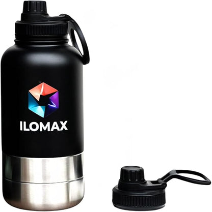 ILOMAX 3-in-1 Insulated Dog Travel Water Bottle, Stainless Steel, with Food & Water Bowls + Extra Magnetic Lid, Leak-Proof, Keeps Drinks Cold 12H/Hot 6H, Portable Hydration, 32oz (Black)