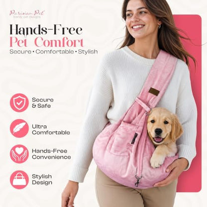 Parisian Pet Dog Sling - Pink Puppy Carrier Sling - Adjustable Shoulder Straps Pet Bag - Soft Polyester Dog Carrying Sling - Dog Carrying Front Pouch for Small, Medium Dogs - Image 2