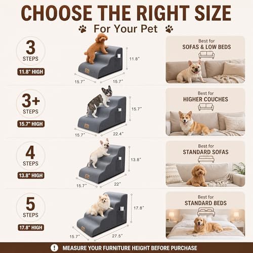 3-Step Dog Stairs for Small Dogs & Cats, 15.7" H Non-Slip Pet Steps with Side Storage Pocket, Sturdy High Density Foam Dog Ramp for Sofa, Couch & Chair, Washable Cover, Grey - Image 3