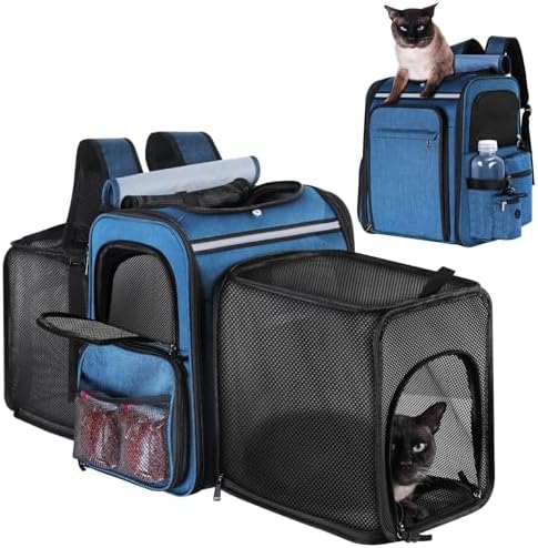 Cat Carrier Backpack for Travel,Dog Carrier Backpack for Large cat, Small Dogs,Puppies Up to 20 Lbs,Expandable Cat Backpack for Outdoor Hiking,Pet Carrier Backpack,Cat Backpack Carrier (Blue) by GROXKOX