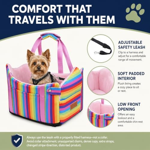 Console Dog Car Seat for Small Dogs to 15lbs (Rainbow Stripes) - Image 5
