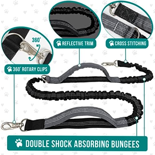 PetAmi Hands Free Dog Leash, Dog Running Leash Belt Bag for Walking, Jogging, Dog Waist Double Zipper Pouch with Poop Bag Dispenser, Dual Padded Handles Reflective Bungee Leash, Double (Charcoal Grey) - Image 4