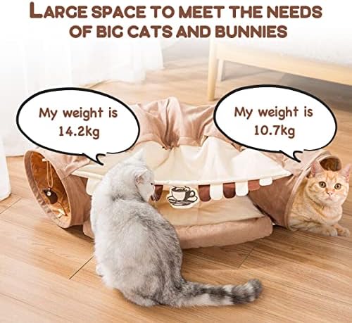 EAEDMY Cat Rabbit Tunnel Bed Nest for Cats Indoor, with Collapsible Washable Soft Cushion, Plush Ball and Exercise Wheel Tube, Fit for Puppy Bunny Kitty Kitten Ferret(2.Coffee) - Image 2