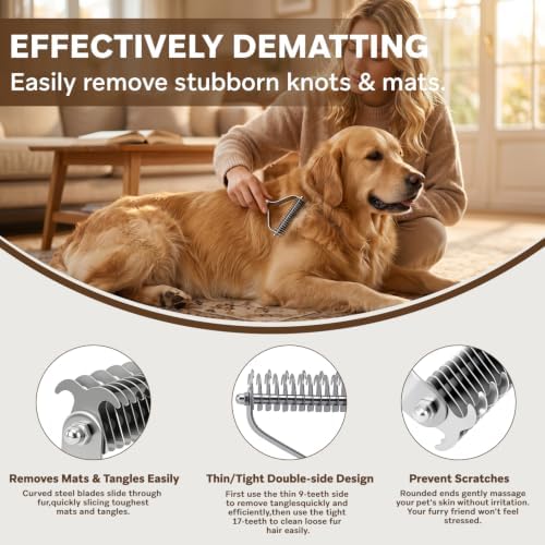 Undercoat Rake for Dogs - Professional Pet Shedding Dematting Comb with Wood Handle, Stainless Steel Blades for Pet Cats Dogs Matted Hair Tangles Removing - Image 5