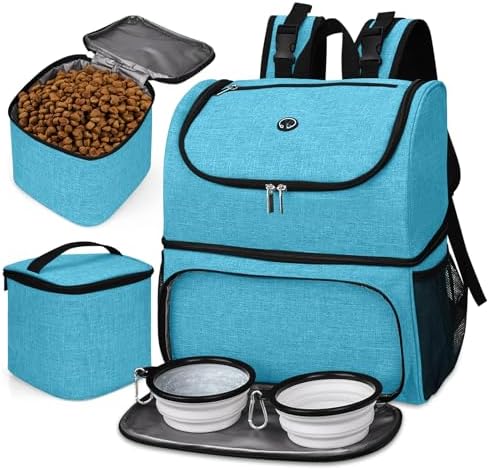 BAGLHER Pet Travel Bag, Double-Layer Pet Supplies Backpack (for All Pet Travel Supplies), Pet Travel Backpack with 2 Silicone Collapsible Bowls and 2 Food Baskets Sky Blue by BAGLHER