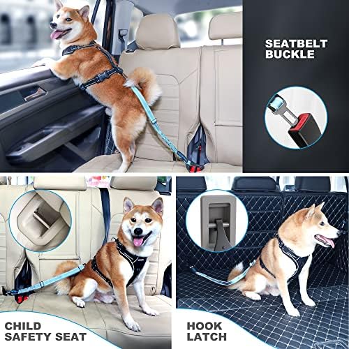 Dog Seat Belt 3-in-1 Car Harness for Dogs Adjustable Safety Seatbelt for Car Nylon Reflective Bungee Fabric Dog Car Harness with Clip Hook Latch & Buckle, Swivel Zinc Alloy Carabiner (Light Blue) - Image 6
