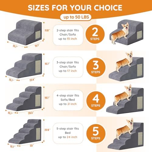 Ahpmeoa Dog Stairs for Small Dogs 19.7" H, Dog Ramp for Bed, 4-Step, Grey - Image 2