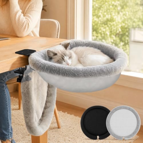 Cat Desk Bed, 90° Foldable Cat Hammock for Desk, Heavy-Duty Steel Frame with Dual Locking Knobs, Large Cat Bed with Washable Faux Fur & Mesh Covers, Fits Desktops up to 2.76", Holds Up to 50 Lbs, Grey by Unknown