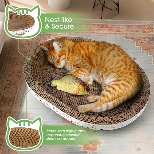 All-in-One Cardboard Cat Scratchers for Indoor Cats, Oval Cat Scratch Box & Lounger Beds Kitten Loves, Durable Cat Scratching Pads + Bonus Toys Couch Cat Scratch Protector - Image 2