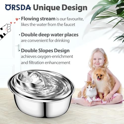 ORSDA Cat Water Fountain Stainless Steel, 3L Automatic Pet Drinking Fountain for Cats Inside, Dog Water Dispenser with Adjustable Water Flow and 6 Replacement Filters for Cats, Dogs (D60) - Image 2