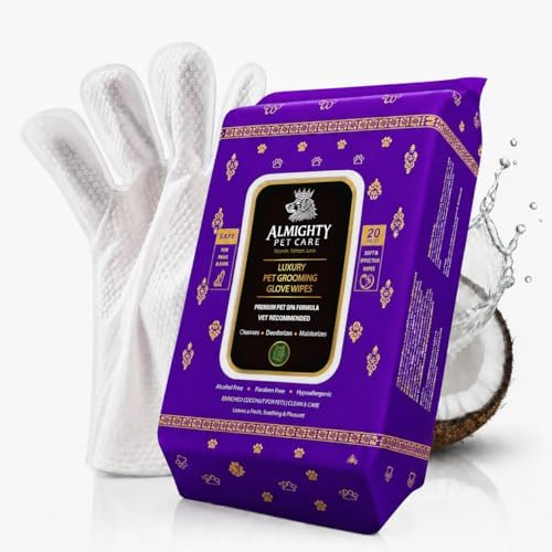Premium Pet Grooming Glove Wipes for Dogs & Cats, 3X Thick No-Rinse Bathing Gloves, Hypoallergenic Deodorizing Paw & Body Cleaner, Natural Extracts to Hydrate & Nourish, 20 Count, Coconut Scent by ALMIGHTYPETCARE