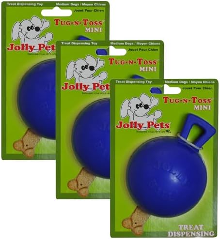 Jolly Pets Tug-n-Toss Heavy Duty Dog Toy Ball with Handle, 3 Inches/Mini, Blue, Model:403 BL (Pack of 3) by JollyPets