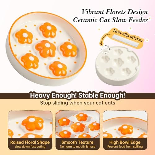 Ceramic Slow Feeder Cat Bowl, 6.3" Whisker Friendly Anti-Vomit, Orange - Image 4