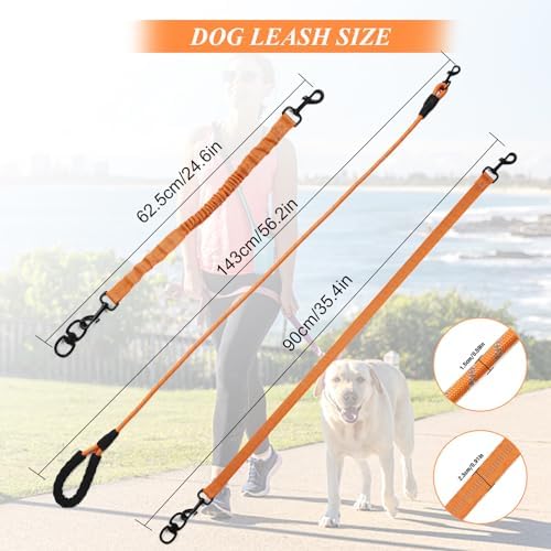 Dog Double Leashes,Rope Bungee Dual Leash with Padded Handle Removable for 2 Dogs,Tangle-Free, Padded Handles, 360° Swivel Control Control (Orange, 2 Way) - Image 5