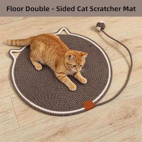 Cat Scratcher Mat 16.9'' Round Natural Cotton Rope Double-Sided, Dark Brown - Image 3