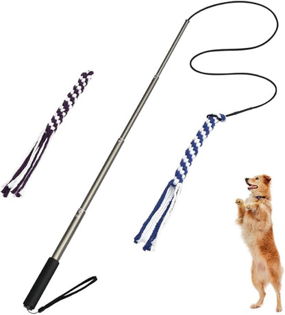 POPETPOP Flirt Pole for Dogs Interactive Dog Toys - Extendable Teaser Wand Outside Interactive Fun Toys with 2 Rope Chew Play Toys for Training Exercise (Size L)