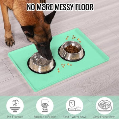 MateeyLife Dog & Cat Food Mat - Waterproof, Nonslip Dog Bowl Mats with Raised Edges, Silicone Matt Tray for Messy Drinkers, 22"x14", MintGreen - Image 4